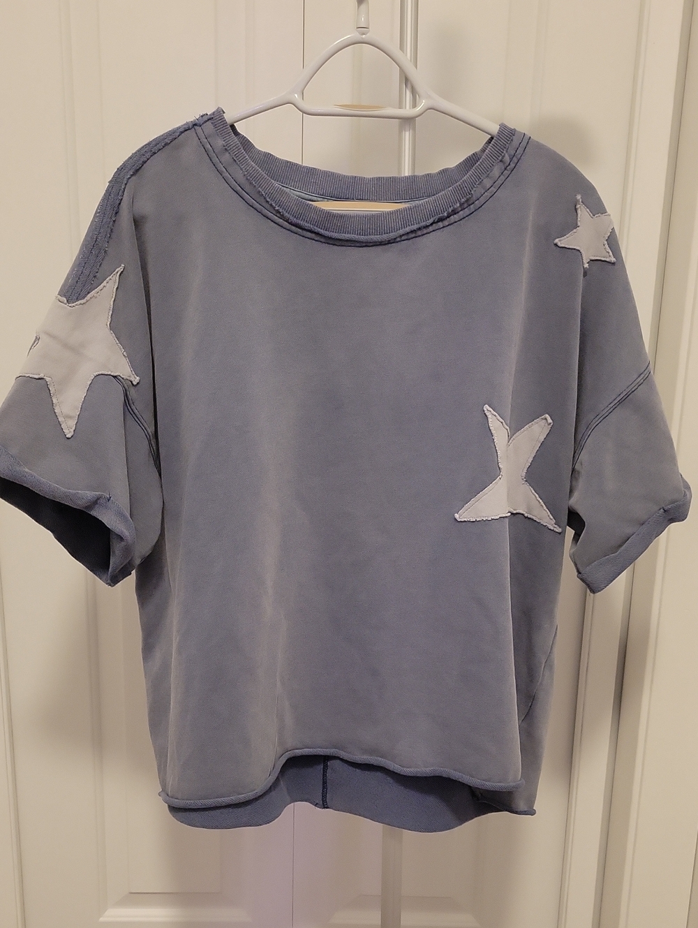 Dusty Blue Boxy Pullover Sweatshirt With Star Embellishments